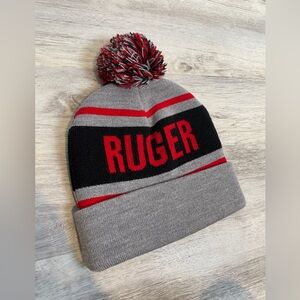 NWOT RUGER Pom Pom Beanie Cap Hat Red Gray Black RARE Discontinued One Size